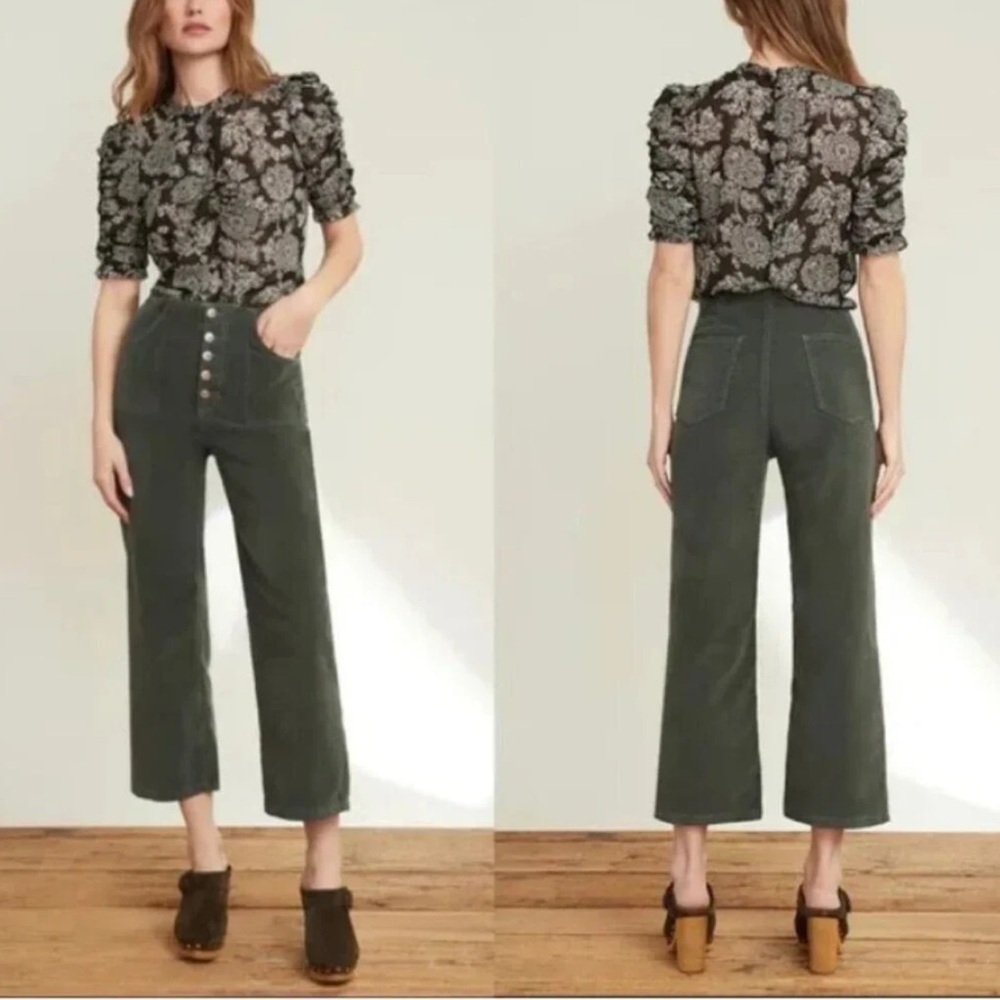 Veronica Beard Jeans Crosbie Wide Crop Leg High Rise Pants Corduroy Green